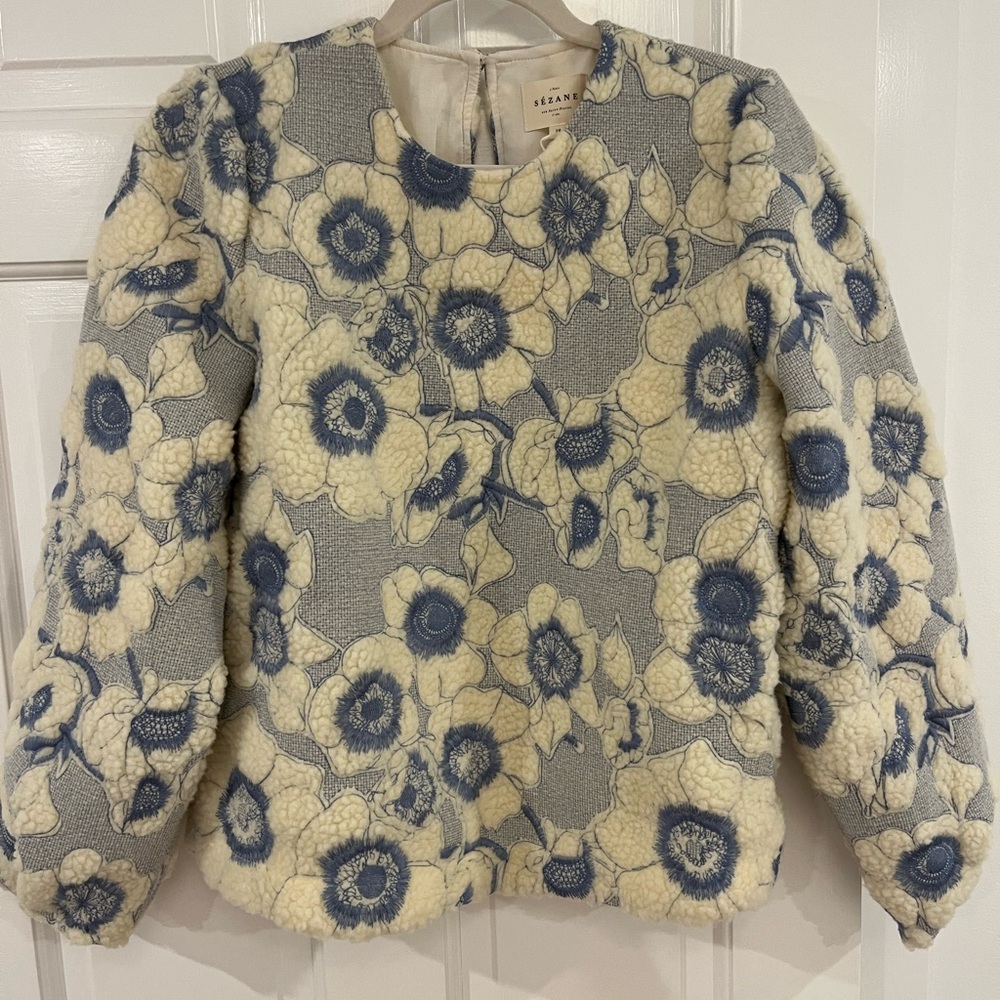Sezane Blue and Cream Floral Sweater